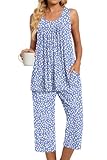 TAOHUADAO Womens Summer 2 Piece Pajama Sets, Sleeveless Tops with Capri Pants, Lounge Ladies Pjs Sets with Pockets XL, A1-Spot Blue