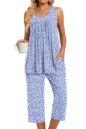 Image of TAOHUADAO Womens Summer 2 Piece Pajama Sets, Sleeveless Tops with Capri Pants, Lounge Ladies Pjs Sets with Pockets