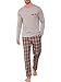 Winovia Schlafanzug Herren Lang Pyjama 100% Baumwolle Langarm Nachtwäsche Sleepwear Nightwear Set mit Rundhals Design und Karierter Hose Graubraun L