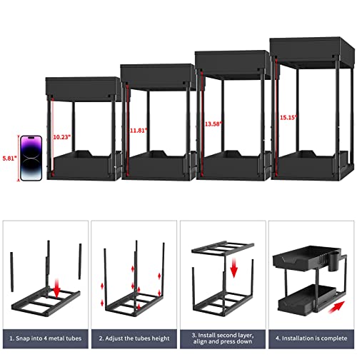 Powerwoo Under Sink Organizers And Storage With Double Sliding, Adjustable Height Under Cabinet Organizer For Kitchen, 4 Hooks And 1 Hanging Cup 2 Tier Pull Out Under Bathroom Organizer（1 Pack） #TOP2