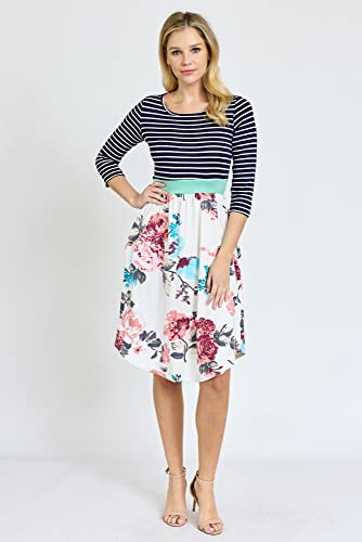 Image of Eloges Women's 3 /4 Sleeve Contrast Waist Band Floral Curved Hem Midi Dress