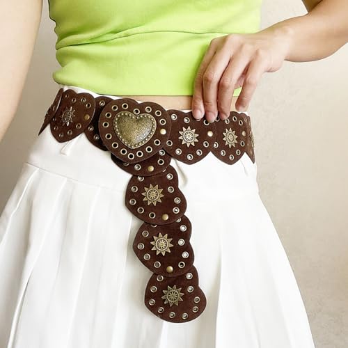 NICENEEDED Wide Disc Belt for Women, Women's Y2k Vintage Leather Heart Hollow Out Round Belts, Metal Buckle Western Waist Belt Boho Chic Dress Belt4