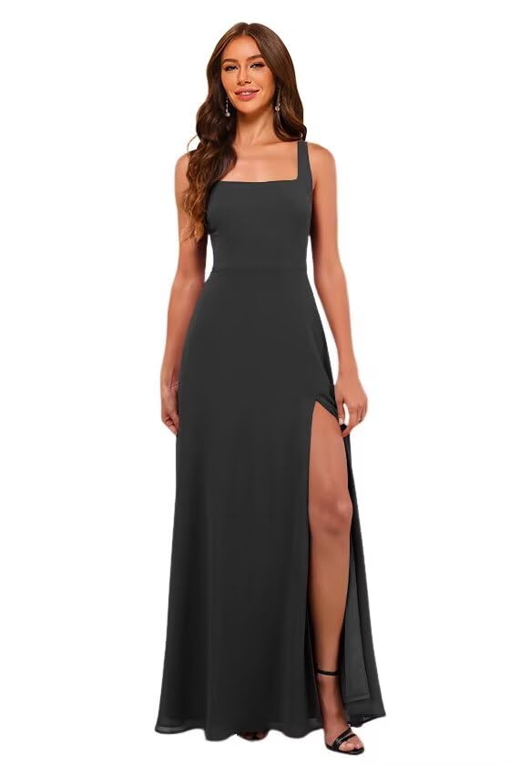 PUXIU Women's Chiffon Bridesmaid Dresses with Slit 2026 Square Neck Formal Wedding Guest Dress PUS081