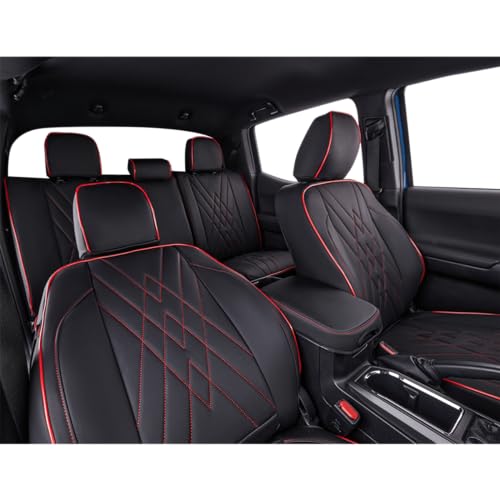 Image of EKR Custom Fit Tacoma Rear Car Seat Covers for Toyota Tacoma 2016 2017 2018 2019 2020 2021 2022 2023 Access Cab - Second Row Only,Faux Leather(Black with Red Trim)
