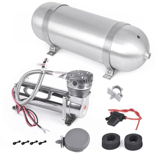 CNRAQR 3 Gallon Aluminum Air Tank with 200PSI Air Compressor Kit 12V Air Horn Compressor Onboard System 1/4NPT for Train Cars Vehicles Semi Pickup Trucks Air Suspension Compressor Kit
