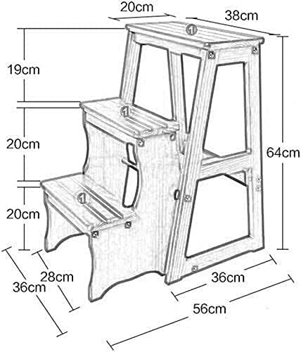 Taburete madera maciza plegable y escalera multifunción de 64cm 2