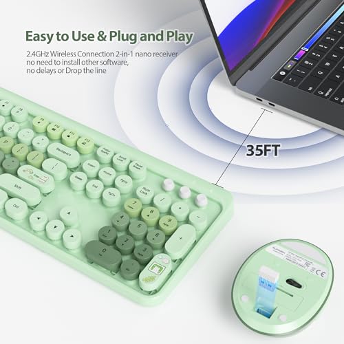 Image of Fogruaden Green Keyboard and Mouse Wireless, Retro Typewriter Keyboard, 2.4GHz 104 Keys Full Size Cute Keyboard with Number Pad, Gradient Colorful Keyboard with Round Keycaps for Windows PC Laptop