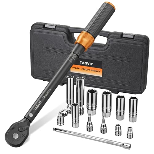 TAGVIT Drehmomentschlüssel 3/8 Zoll, 10-60Nm, 14-tlg. Drehmomentschlüssel Set, ± 3% Fehlergenauigkeit mit Verlängerung, Magnetische Zündkerzenhülse, Universalgelenk, Bits für Fahrrad, Motorrad, Auto