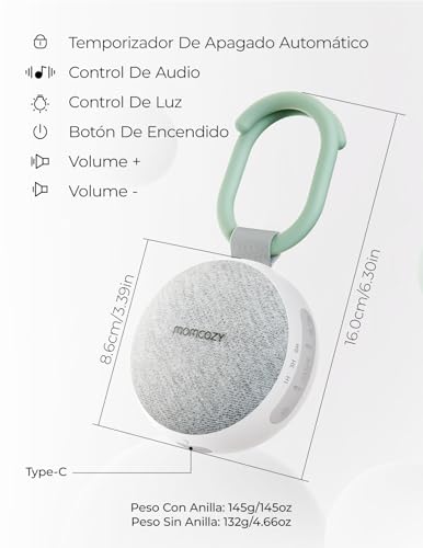 Momcozy Máquina de som portátil com luz noturna, máquina de som de ruído branco para bebé, 20 sons relaxantes, terapia de som, potência de longa duração, temporizador, clipes no