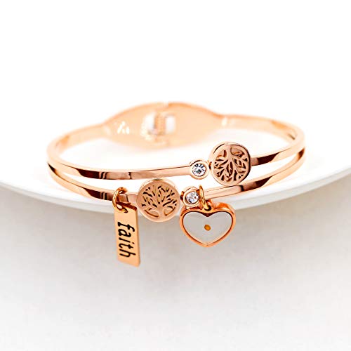 Image of Uloveido Rose Gold Plated Tree Of Life Bangle Cuffs Faith Mustard Seed Pendant Charms Open Bracelet for Women Y1028