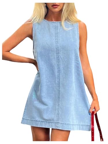 Milumia Women's A-Line Sleeveless Crew Neck Denim Dress Loose Casual Mini Jean Dresses