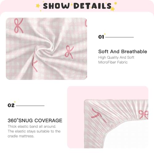 Image of Fitted Crib Sheets Pink Checkered and Bows Stretchy Portable Playard Sheets for Baby Toddler, Breathable Soft Mini Crib Mattress 39 x 27 in for Boys and Girls