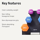 Amazon Basics Zestaw hantli z powłoką neoprenową ze stojakiem, 3 sztuki (1kg, 2kg, 3kg), wielokolorowy