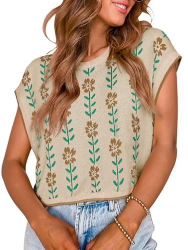Image of Saodimallsu Womens Cap Sleeve Crop Tops Summer Color Block Going Out Crew Neck Knit Trendy Casual Sweater