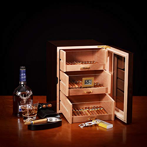 Woodronic Cigar Humidor Cabinet with Digital Hygrometer for 100 to 150 Counts, Spanish Cedar Lined Cigar Box with Large Drawers, Crystal Gel Humidifiers, Glossy Ebony Finish, Great Gift for Father - Thumbnail 7