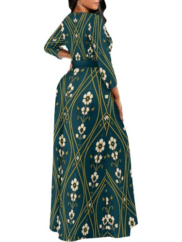 Image of Women Plus Size Long Sleeve V Neck Maxi Dress with Belt | Soft fabric relaxed fit three quarter sleeve v neck with pockets for party and daily wear