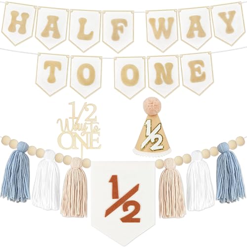 Image of 1 /2 Birthday Boy Half Birthday Decorations - Half Way to One Banner Cake Topper Tassel Wood Bead High Chair Banner Hat for Boys and Girls 6 Months Birthday Decorations Party Supplies