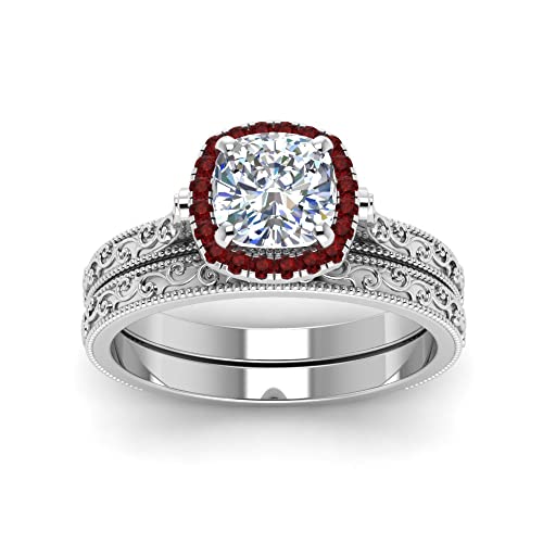 Image of Choose Your Gemstone Hand Engraved Halo Cushion Wedding Ring 925 Sterling Silver Cushion Shape Wedding Ring Sets Matching Jewelry Wedding Jewelry Easy to Wear Gifts US Size 4 to 12