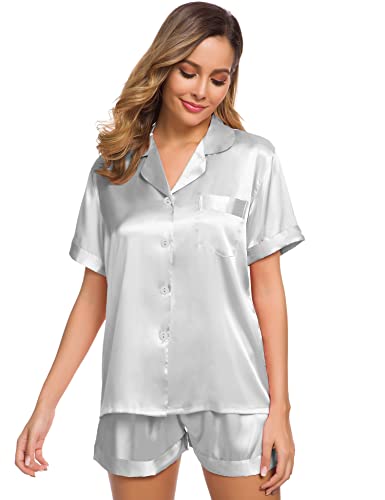 Image of SWOMOG Womens Silk Satin Pajamas Set Short Sleeve Sleepwear Button Down Top and Shorts Loungewear 2 Piece Pjs Set XS-3XL Grey Solid Large