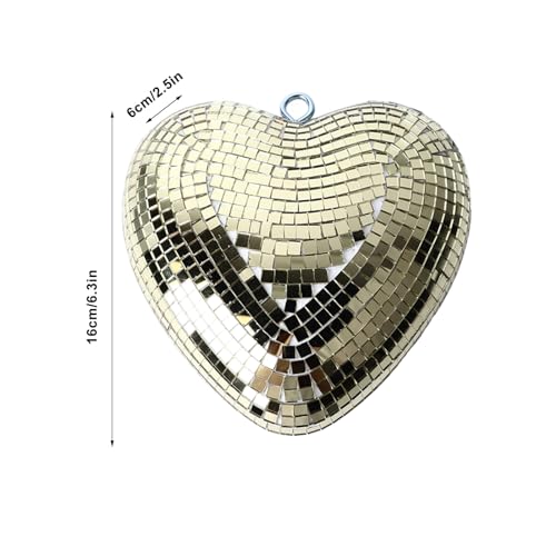 Bola espejada en forma de corazón, decoración brillante y reflectante con gancho y cadena para fiestas, bodas y eventos, material espuma con baldosas de vidrio espejado, 52 cm de largo (oro champán) miniatura 7
