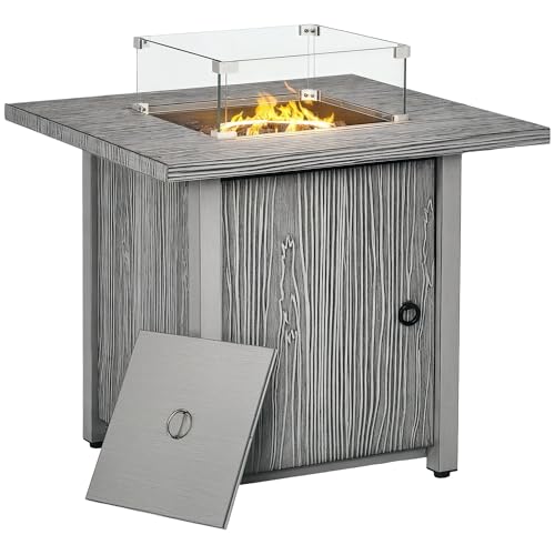 Outsunny Propane Gas Fire Pit Table for Garden, 40000 BTU Smokeless Firepit Outdoor Patio Heater with Waterproof Cover, Glass Screen, Glass Beads and Lid, Wood Effect, 71 x 71 x 63cm, Grey