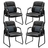 Sweetcrispy Waiting Room Guest Chair Set of 4, Leather Stationary Office Reception Chairs No Wheel, Comfy Padded Arms and Seld Base, for Conference Room Lobby Home Computer Desk Bedroom Elderly, Black