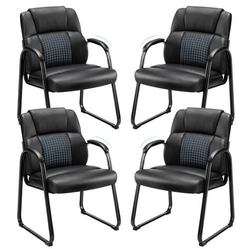 Sweetcrispy Waiting Room Guest Chair Set of 4, Leather Stationary Office Reception Chairs No Wheel, Comfy Padded Arms and Seld Base, for Conference Room Lobby Home Computer Desk Bedroom Elderly, Black