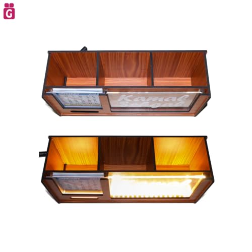 Image of stylish wooden pen stand | pen holder | desk organiser for office /study table with calendar &LED name light | customised personalised gift for men, women, girls - 3Box natural teek, brown