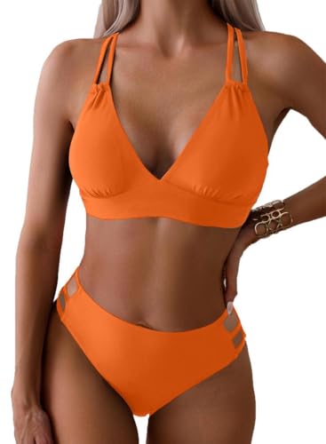 Joligiao Mujer Bikini Sexy Traje de Baño 2 Piezas Cuello en V Bikinis Brasileño con Triángulo Bañadores Bikini Top y Braga Cintura Alta Conjunto de Bikinis(Naranja,M)