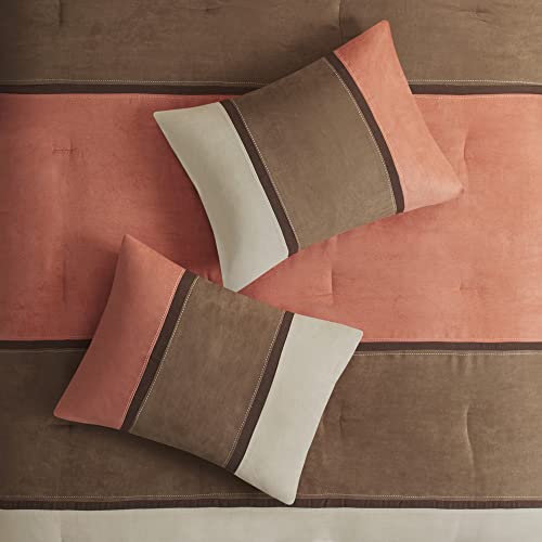 Madison Park Palisades Comforter Set Modern Faux Suede Pieced Stripe Design, All Season Down Alternative Cozy Bedding With Matching Shams, Decorative Pillows, King(104"X92"), Coral 7 Piece #TOP7