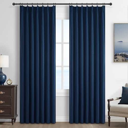 QJmydeco Navy Blue Blackout Curtains 84 Inch Length for Kids/Boys Rooms/Bedroom, Pinch Pleated Drapes with Hooks Viral Linen Thermal Coastal Curtain Dark Blue Window Burg (40" Wx84 Lx 2 Panels)