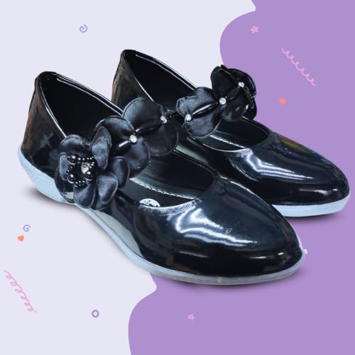 Image of Girls' Patent Mary Jane Shoes with Floral Embellishment, Attractive Colour's, Pearl Flower Welcro Bellies |DMND-3|