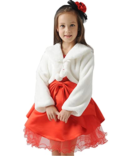 PHLCEhot Girls Faux Fur Bolero Shrug White Cardigan Coat Long Sleeve Shawl Flower Girls Dress Up Jacket