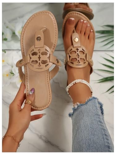 GORGLITTER Women's Leather Flat Flip Flops Sandals Open Toe Cut Out Studded Slide Shoes2