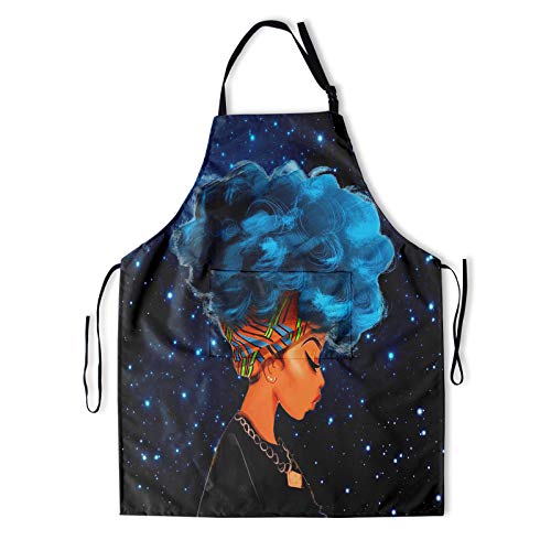 Granbey Black Girl Apron with Pockets African Woman Anti-Oil Bib African Girls Aprons with Adjustable Neck Straps Blue Hair American Girl Waterproof Stars Bibs African American Woman Starry Sky Apron
