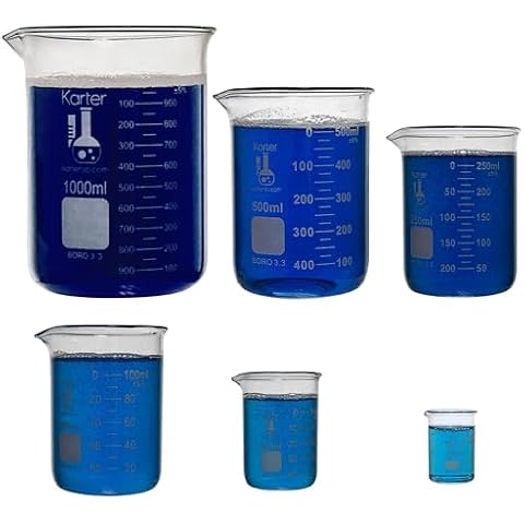 Karter Scientific, 3.3 Boro, Griffin Low Form, Glass Beaker Set - 6 Sizes - 10ml, 50ml, 100ml, 250ml, 500ml, 1000ml Cover