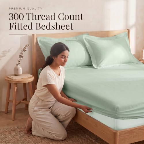Image of Huesland 300 TC Premium 100% Pure Cotton Luxe Soft Touch Fitted Single Size Bedsheet Cotton with 2 Pillow Covers | Misty Jade | 36 x 78 Inches