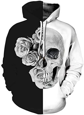AviviRuth Unisex Harajuku Realistic Galaxy 3D Print Pullover Hoodies Sweatshirts,Skull White Rose,L/XL