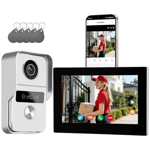 Honmidatek 2 wire-Video Intercom System, Video Doorphone, Video Door Phone, Remote Door/Gate Unlock,RFID Access Control, 7 inch touch screen, human detection, door exit