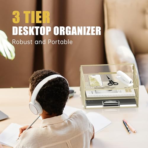 DALTACK Organizador de papel de 3 camadas com alça, bandeja de cartas de malha, organizador de arqui