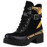  SCARPE VITA Damen Stiefeletten Leicht Gefütterte Animal Print Leder-Optik Schuhe Plateau Stiefel Schnallen Boots 185826 Schwarz Gelb Snake 37