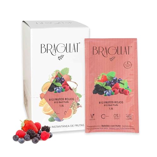 BRAGULAT/Saborizantes de agua Sin Azucar, con fruta deshidratada, Vitamina C y B12, colorantes y sabores naturales | Agua con Sabor a Frutas (15 Sobres, B12 y Frutos Rojos)
