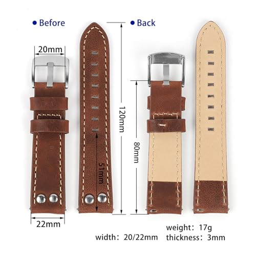 Bracelet en cuir interchangeable MENGKEG robuste 22mm rivets