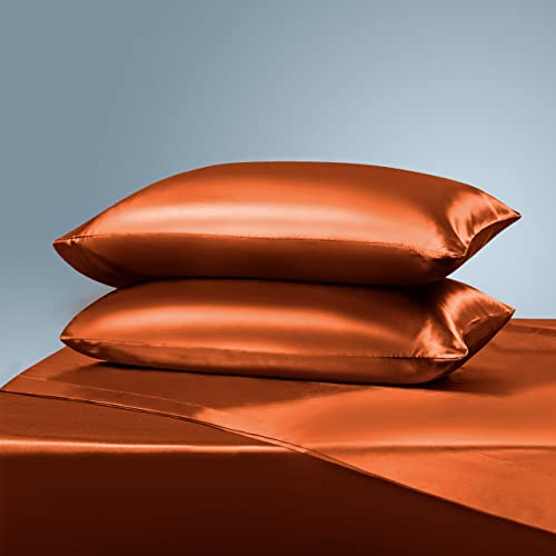 Manyshofu Satin Queen Sheets Set 4 Piece - Soft Silky Satin Sheets Set, Rust Orange Satin Bed Sheets Cooling & Luxury Bedding Sheet Set(1 Satin Fitted Sheet, 1 Satin Flat Sheet, 2 Satin Pillow Cases) #TOP3