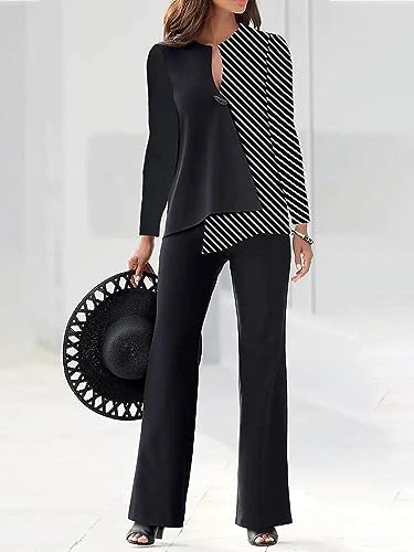 Women's Dressy Casual 2 Piece Outfits Work Set Long Sleeve V Neck Tops High Waist Wide Leg Pants Suit with Pockets2