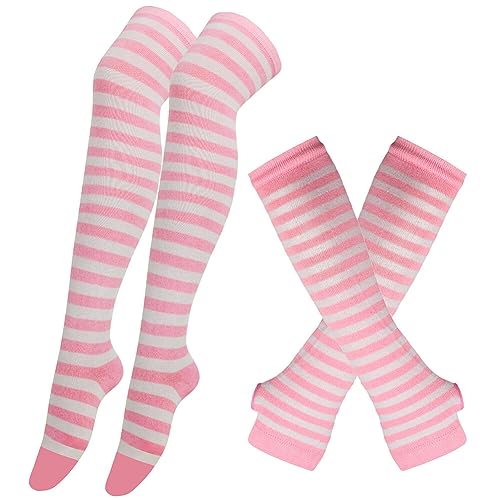 Womens Striped Knee High Socks Long Knitted Arm Warmers, Knit Fingerless Gloves Set, Striped Over Knee, High Socks Stripe Women Long Socks for Daily Wear, Cosplay, Medium, Pink