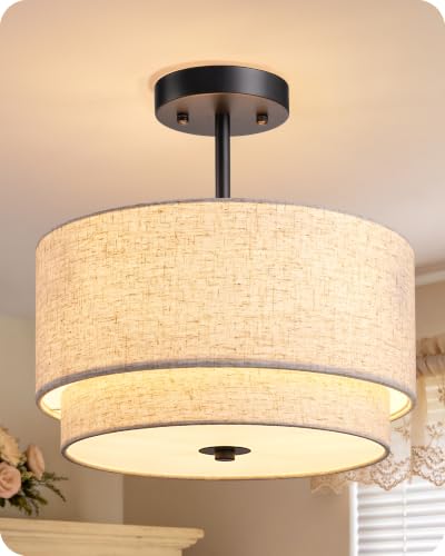 EDISHINE Semi Flush Mount Ceiling Light 12.6 Inch Matte Black 3 Light