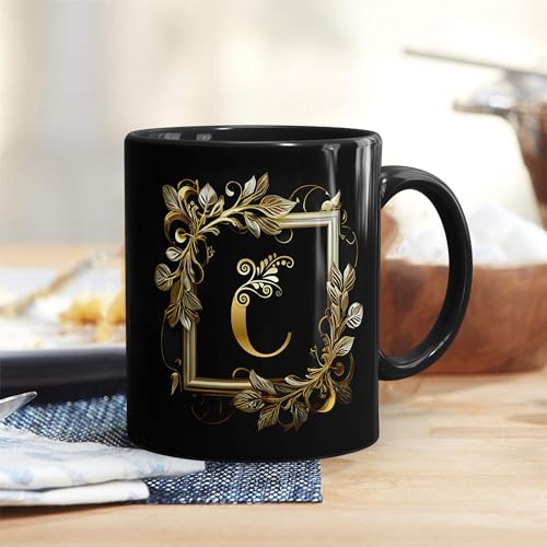 Image of Golden Floral Alphabet Letter Printed Coffee Mug Gift for Girl, boy,Wife,Husband,Girlfriend Boyfriend,Kids,Brother,Sister,Love and Valentines Day - 1pcs, Black, 330ml (AL-C)
