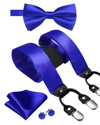 Image of Hi-Tie Men Suspender Bowtie Set Suspenders Pre-tied Bow Tie Pocket Square Cufflinks Adjustable Y Shape 6 Clips Braces Tuxedo