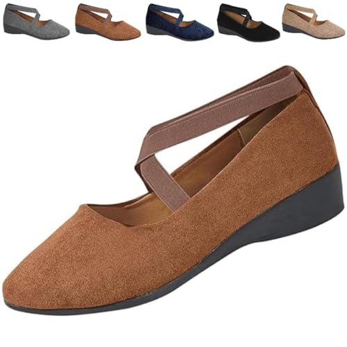 Women's Comfy Elastic Crisscross Strap Wedge Slip-On Shoes, Outdoor Casual Elegant Pointed Toe Ballet Wedge Shoess (Brown,23.5 c